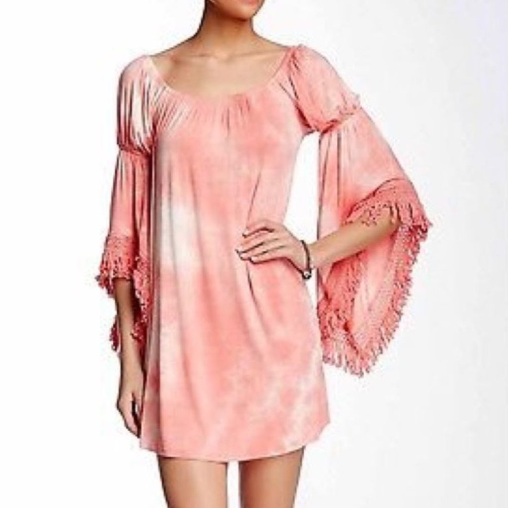 VaVa Fringe Sleeve Coral Tie-dye Tunic Dress, S, NWT